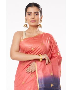 PINK & BLUE OMBRE GHICHA SILK SAREE, CONTRAST PALLU PAIRED WITH MATTE GOLD COTTON SILK PARTY WEAR BLOUSE (PADDED)