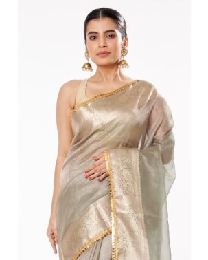 MOSS GREY DUAL TONE TISSUE BENARASI WITH FINE LACE PAIRED WITH MATTE GOLD COTTON SILK PARTY WEAR BLOUSE (PADDED)