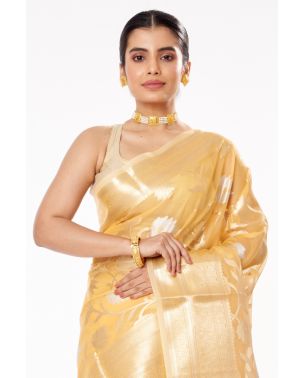 PASTEL YELLOW ORGANZA ALL OVER FLORAL ZARI EMBROIDERY, BROCADE PALLU WITH MATTE GOLD COTTON SILK PARTY WEAR BLOUSE (PADDED)