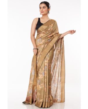 DIGITAL PRINTED MOSS GREEN SILK TUSSAR TEAMED WITH RAVISHING BLACK RAW SILK PARTY WEAR BLOUSE (PADDED)