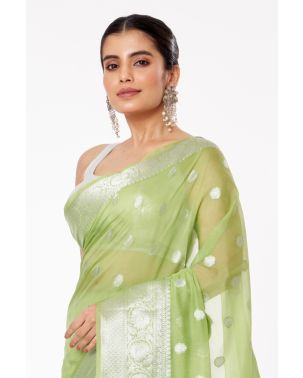 PASTEL GREEN SOFT ORGANZA, ALL OVER SILVER ZARI WORK PALLU WITH SHIMMERY SILVER PARTY WEAR COTTON SILK BLOUSE (PADDED)