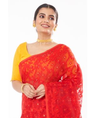 RED SOFT SELF DESIGN DHAKAI JAMDANI, ALL OVER SMALL ZARI BUTA WITH YELLOW SCALLOP PATTERN LINEN KHADI BLOUSE