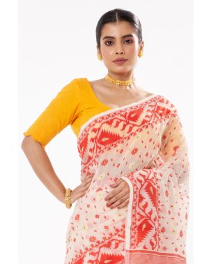 OFF WHITE BODY RED & GOLDEN ALL OVER THREAD WORK SOFT DHAKAI JAMDANI WITH YELLOW SCALLOP PATTERN LINEN KHADI BLOUSE