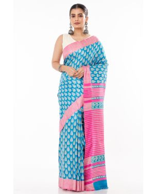 FEROZA BLUE TUSSAR GHICHHA ALL OVER PRINT, CONTRAST STRIPED PALLU, CONTRAST BORDER, WITH CONTRAST STRIPED BLOUSE PIECE