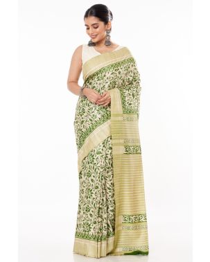 TUSSAR GHICHHA ALL OVER BODY PRINT, CONTRAST STRIPED PALLU WITH CONTRAST STRIPED BLOUSE PIECE