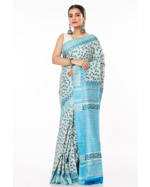 TUSSAR GHICHHA ALL OVER BODY PRINT, BLUE CONTRAST STRIPED PALLU WITH CONTRAST STRIPED BLOUSE PIECE