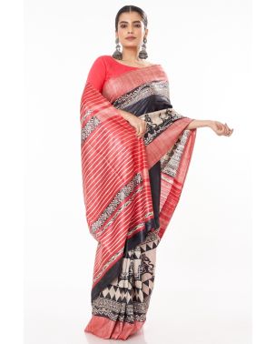 BLACK TUSSAR GHICHHA, CONTRAST STRIPED PALLU, CONTRAST HORSE PRINTED BORDER, WITH CONTRAST STRIPED BLOUSE PIECE