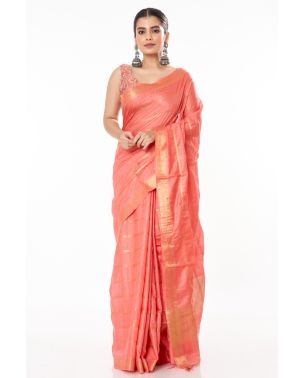 PEACH AMRAPALI SILK WITH ALL OVER ZARI STRIPE, MATCHING BLOUSE PIECE