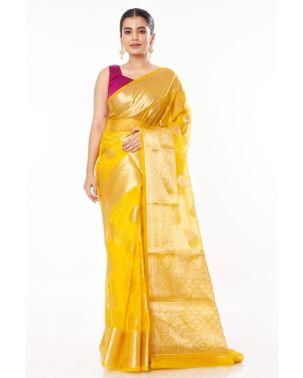 YELLOW SOFT ORGANZA BANARASI GOLDEN ZARI BUTA, GOLDEN BORDER WITH BROCADE BLOUSE PIECE