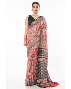 BRICK BODY TUSSAR GHICHHA, ALL OVER PRINT, CONTRAST STRIPED PALLU, CONTRAST STRIPED BLOUSE PIECE