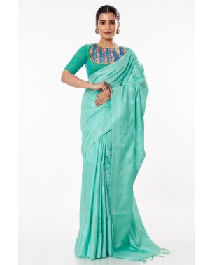 AQUA GREEN GHICHHA SILK, SELF THREAD DESIGN ON PALLU WITH MATCHING BLOUSE PIECE