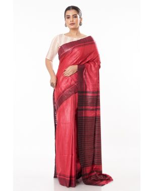 RED PLAIN BODY KETIYA TUSSAR, CONTRAST BLACK PALLU, CONTRAST BLACK STRIPED BLOUSE PIECE