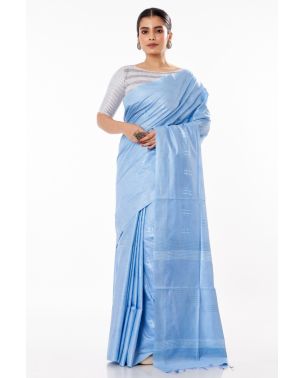 PASTEL BLUE GHICHHA SILK PAIRED WITH GREY STRIPED KHADI COTTON BLOUSE