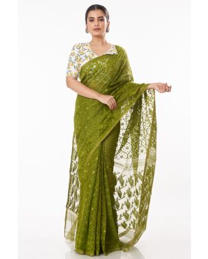 OLIVE GREEN SOFT DHAKAI JAMDANI, ALL OVER SELF DESIGN WITH ZARI BUTA.