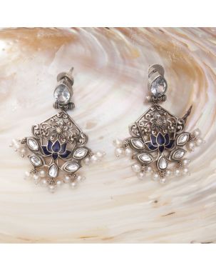  ANTIQUE SILVER JHUMKAS, WITH A LOTUS MOTIF, BLUE ENAMEL & PEARL BEADS