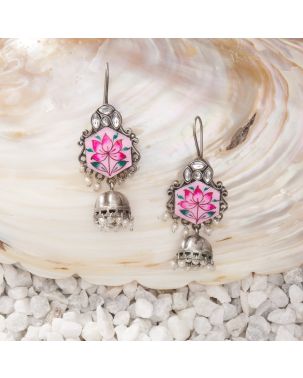 Antique Silver Earrings with a Hand-Painted Pink Lotus Motif and Dangling Pearl beads