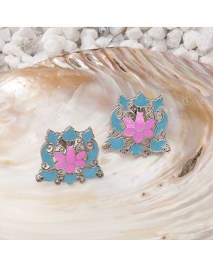 PINK & BLUE LOTUS DESIGN OXIDISED GERMAN SILVER EARRING