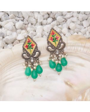 HAND PAINTED FLORAL MOTIF, GERMAN SILVER EARRING WITH GREEN TEARDROP BEADS & PEARLS