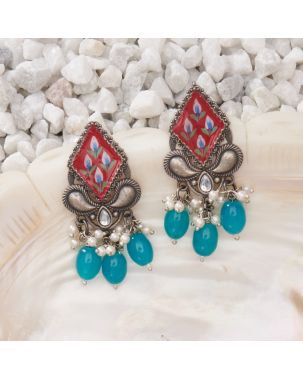  HAND PAINTED FLORAL MOTIF, GERMAN SILVER EARRING WITH BLUE TEARDROP BEADS & PEARLS