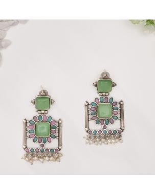 MONALISA LIGHT GREEN STONE SETTING OXIDISED EARRINGS