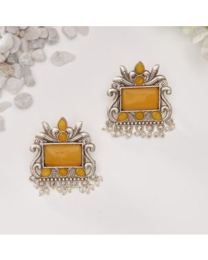 YELLOW MONALISA STONE SETTING OXIDISED GERMAN SILVER EARRING