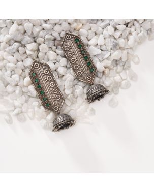 OXIDISED GERMAN SILVER JHUMKA WITH GREEN STONE SETTING