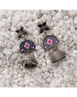 BLACK STONE SETTING ON HAND PAINTED OXIDISED SILVER JHUMKA