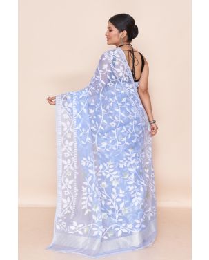 SOFT BLUE DHAKAI, WITH ALL OVER FLORAL THREAD WORK