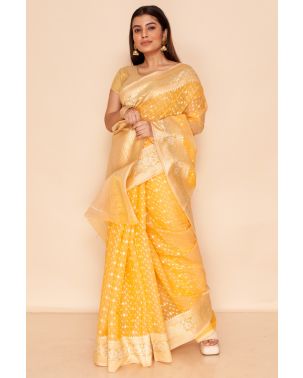 Golden Glow: Pastel Yellow Organza Elegance WITH ALL OVER ZARI WORK