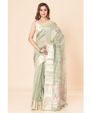 SEA GREEN TISSUE ORGANZA SAREE WITH SELF DESIGN & MATCHING BLOUSE PIECE