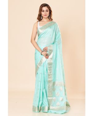 AQUA SHADE AMRAPALI SOFT COTTON SILK SAREE WITH ALL OVER ZARI BUTA & MATCHING BLOUSE PIECE