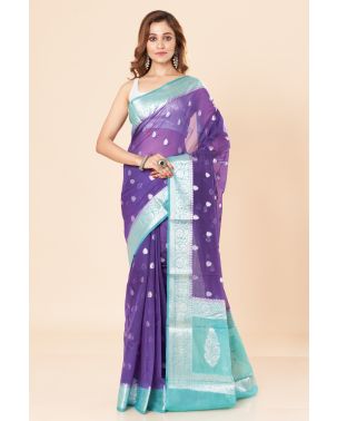 BANARASI SAREE WITH ALL OVER SILVER THREAD WORK, CONTRAST BORDER & PALLU & BLOUSE PIECE