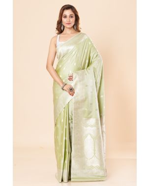 LIGHT GREEN KATAN BANARASI SAREE WITH SILVER ZARI WORK & MATCHING BLOUSE PIECE