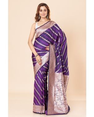 STRIPED PURPLE KATAN BANARASI WITH ZARI BORDER, PALLU & MATCHING BLOUSE PIECE