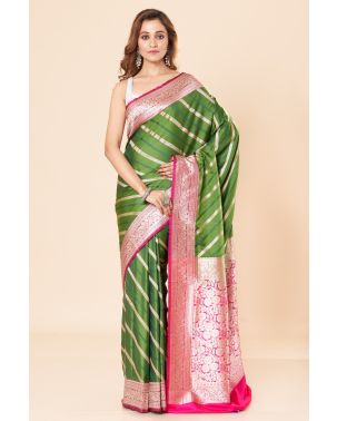 STRIPED OLIVE GREEN KATAN BANARASI WITH CONTRAST RANI BORDER, PALLU & BLOUSE PIECE 