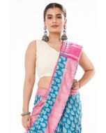 FEROZA BLUE TUSSAR GHICHHA ALL OVER PRINT, CONTRAST STRIPED PALLU, PAIRED WITH V NECK COTTON HAKOBA, BACK COVERED 