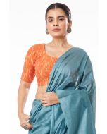 TEAL BLUE GHICHHA SILK, SELF THREAD DESIGN ON PALLU TEAMED WITH RUSTY ORANGE COTTON IKKAT