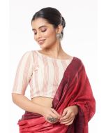 RED PLAIN BODY KETIYA TUSSAR, CONTRAST BLACK PALLU, PAIRED WITH CREAM & RED COMBO KHADI COTTON WITH ALL OVER THREAD WORK & BOAT NECK BLOUSE