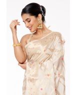 WHITE KORA SILK, ALL OVER MEENA JAAL, RICH PALLU TEAMED WITH MATTE GOLD COTTON SILK PARTY WEAR BLOUSE (PADDED)