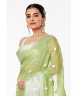 PASTEL GREEN SOFT ORGANZA, ALL OVER SILVER ZARI WORK PALLU WITH SHIMMERY SILVER PARTY WEAR COTTON SILK BLOUSE (PADDED)