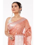 BURNT PEACH COLOURED SOFT ORGANZA, ALL OVER SILVER ZARI WORK PALLU WITH SHIMMERY SILVER PARTY WEAR COTTON SILK BLOUSE (PADDED)