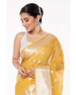 YELLOW SOFT ORGANZA, ALL OVER SILVER ZARI WORK PALLU WITH SHIMMERY SILVER PARTY WEAR COTTON SILK BLOUSE (PADDED)