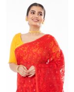 RED SOFT SELF DESIGN DHAKAI JAMDANI, ALL OVER SMALL ZARI BUTA WITH YELLOW SCALLOP PATTERN LINEN KHADI BLOUSE