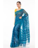 PEACOCK BLUE SOFT ALL OVER THREAD WORK DHAKAI JAMDANI WITH YELLOW SCALLOP LINEN KHADI BLOUSE