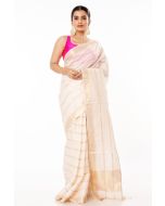 WHITE AMRAPALI SILK WITH ALL OVER ZARI STRIPE PAIRED WITH PARTY PINK COTTON SILK BLOUSE (PADDED)