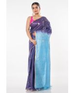 BLUE OMBRE GHICHA SILK, CONTRAST PALLU, NARROW ZARI BORDER PAIRED WITH PARTY PINK COTTON SILK BLOUSE (PADDED)