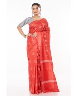 RED BODY GHICHHA SILK, SELF THREAD DESIGN ON PALLU PAIRED WITH V NECK SOFT COTTON INDIGO PRINT