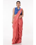 BURNT PEACH GHICHHA SILK, SELF THREAD DESIGN ON PALLU WITH SMART COLLAR, FRONT ZIP BLUE COTTON IKKAT BLOUSE