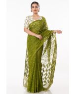 GREEN SOFT DHAKAI JAMDANI PAIRED WITH OVERLAPPING PATTERN FLORAL PRINTED BLOUSE 